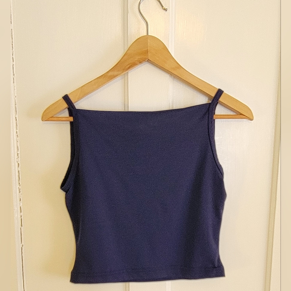 Vintage 90s XOXO In America Navy Cowl Neck Crop Top Medium Y2K Minimalist Grunge - Picture 3 of 3